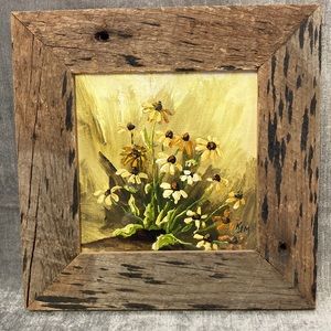 Vintage 1970s Original Painting Daisies Rustic Wood Frame Signed 9x9